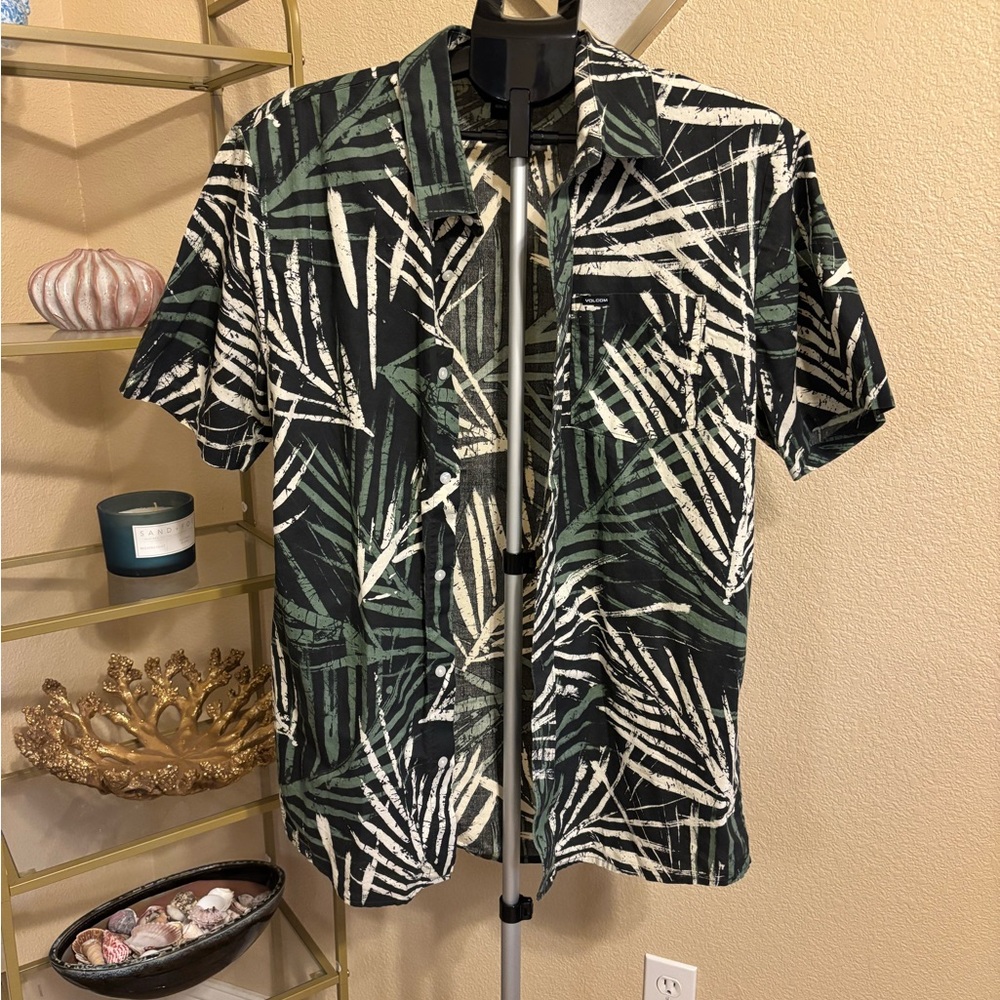 Volcom‎ Tropical Palm Print Button Up Shirt Men’s XL Fits Large Green Black